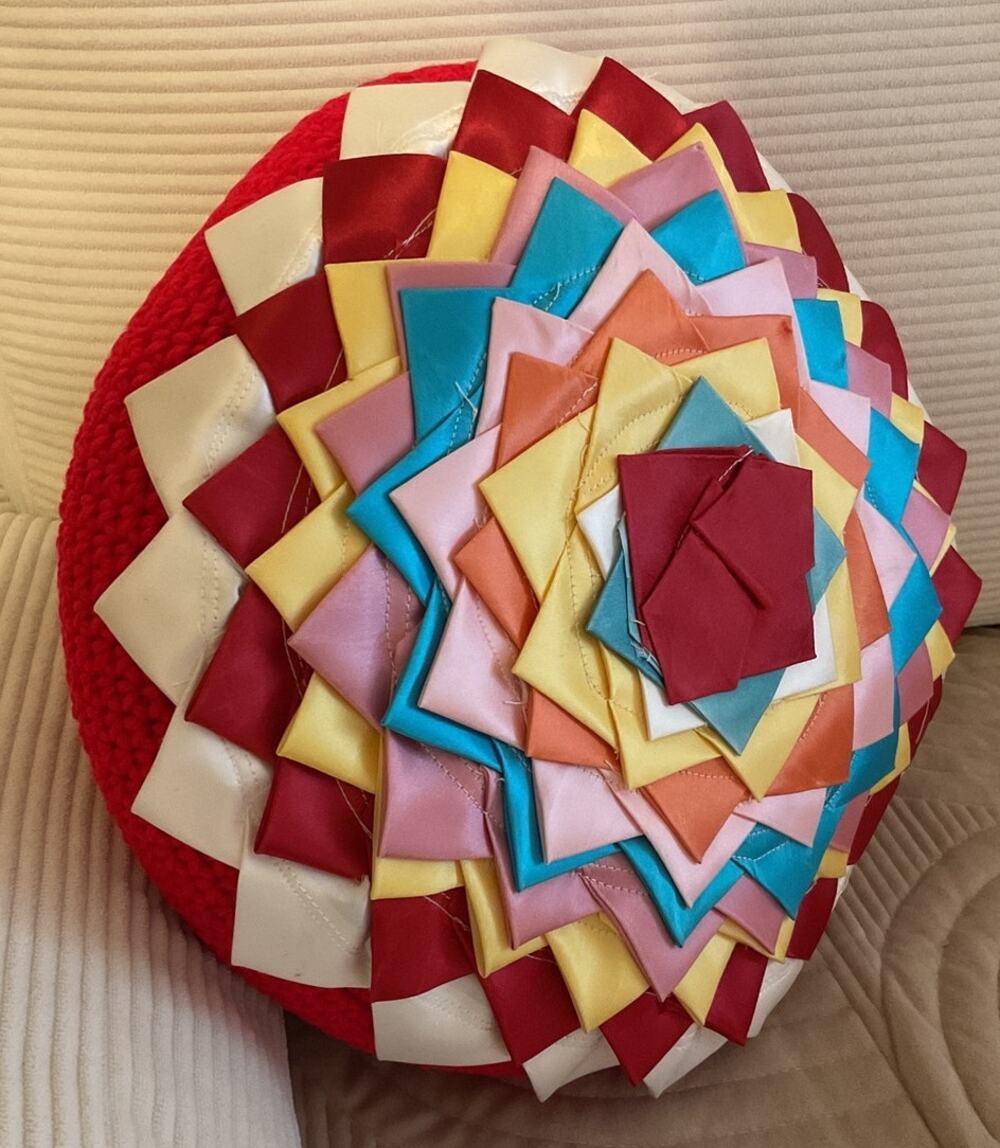 Vintage Round Crochet Granny Throw Pillow Red Multicolor Handmade 1960’s